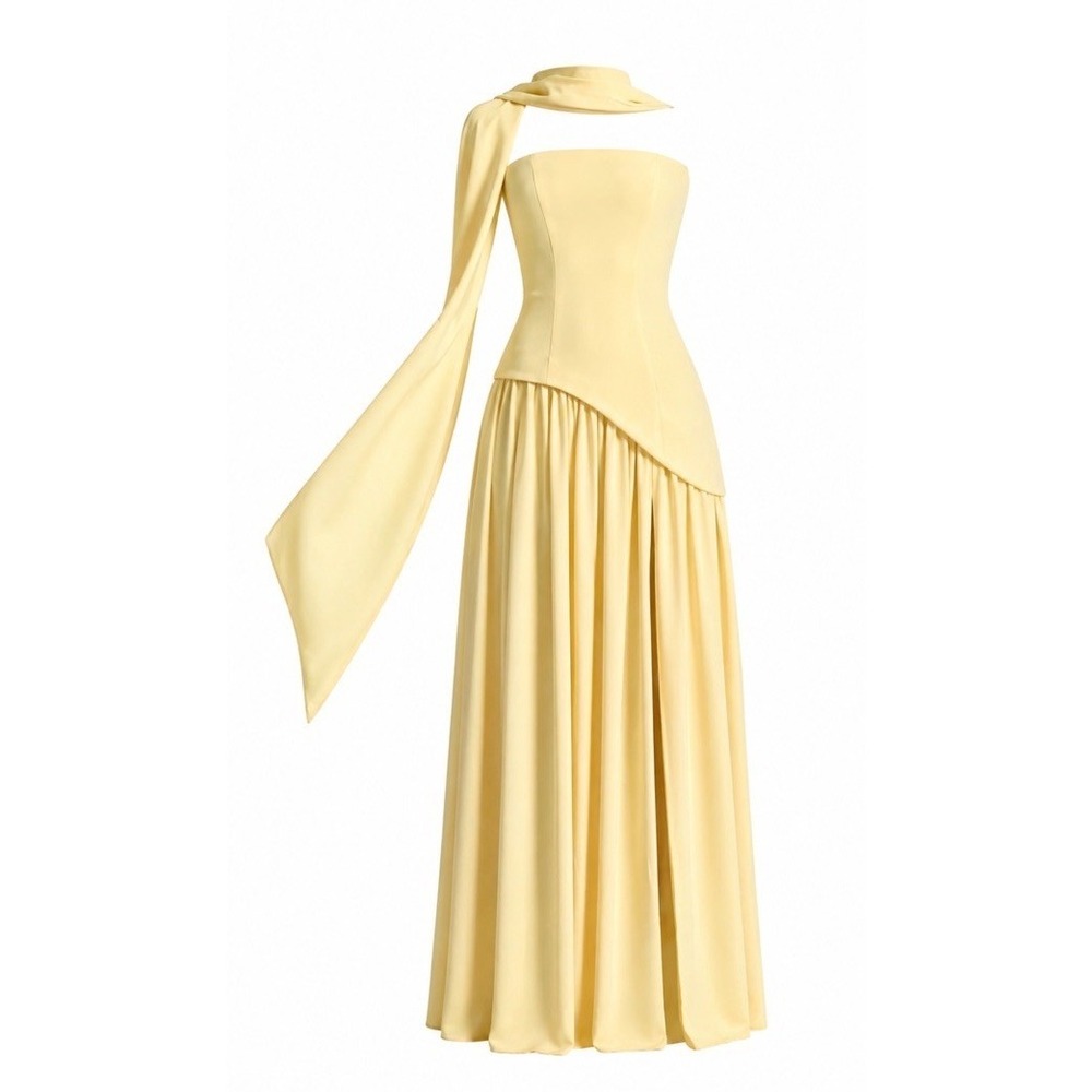 NWT Babyboo Maliyah Lemon Yellow Cutout Maxi Dress Womens Medium Formal Gown